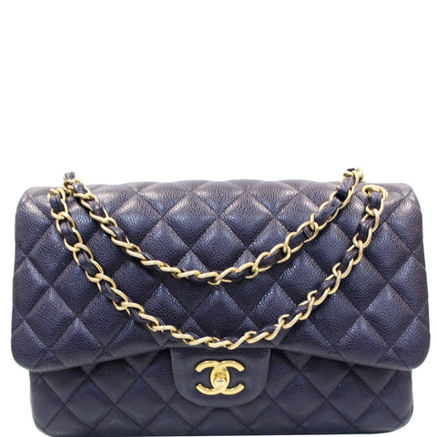 CHANEL Jumbo Double Flap Caviar Leather Shoulder Bag Navy Blue