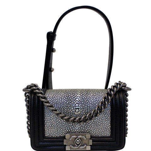 CHANEL Mini Boy Galuchat Stingray Flap Bag Black Silver