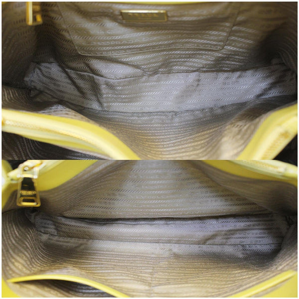 Prada Saffiano Lux Leather Top Handle Satchel Bag Yellow interior 