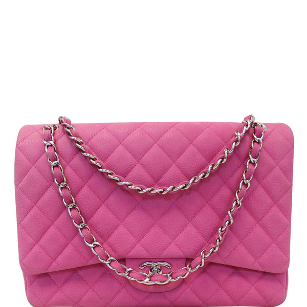 CHANEL Maxi Double Flap Caviar Leather Shoulder Bag Pink-US
