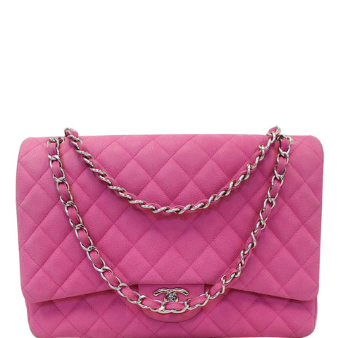 CHANEL Maxi Double Flap Caviar Leather Shoulder Bag Pink