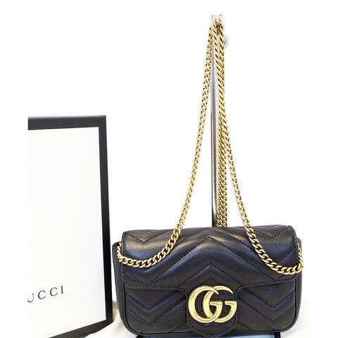 GUCCI GG Marmont Matelasse Black Leather Super Mini Crossbody Bag
