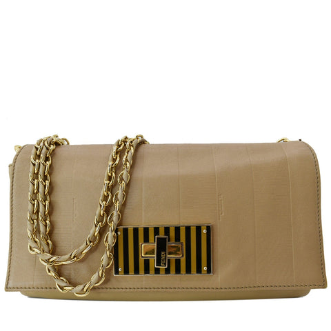 FENDI Claudia Pequin Embossed Leather Wallet Crossbody Bag Beige