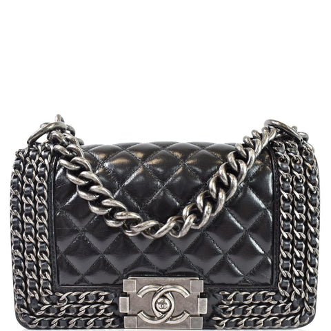 CHANEL Small Boy Embellished Chain Lambskin Shoulder Bag Black