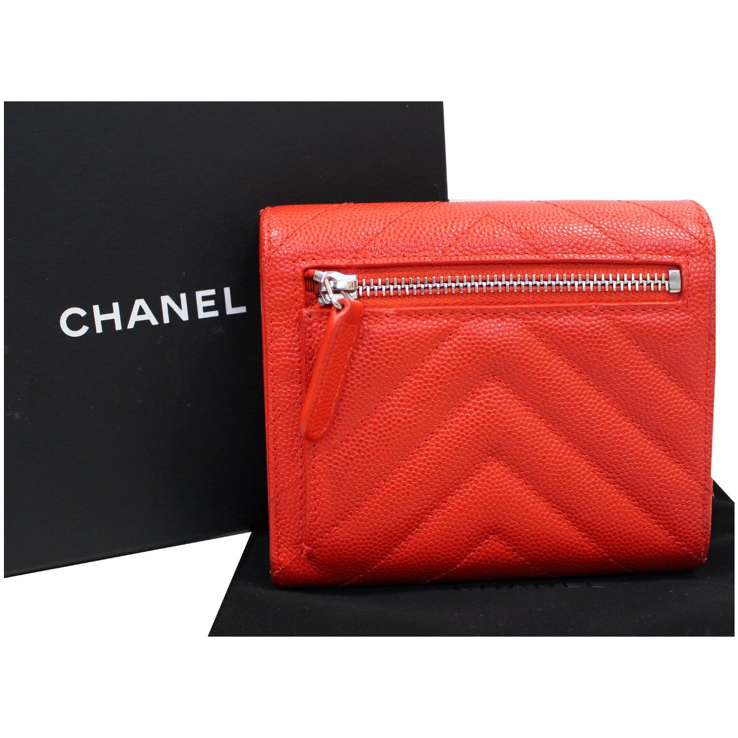 CHANEL Small Chevron Quilted Caviar Compact Flap Wallet Red