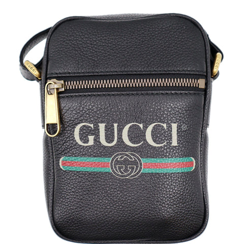 GUCCI Logo Grained Calfskin Leather Messenger Bag Black 574803