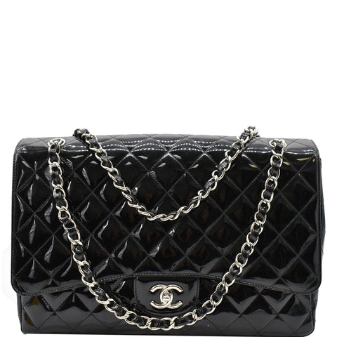 CHANEL Classic Maxi Single Flap Quilted Patent Leather Shoulder Bag Black