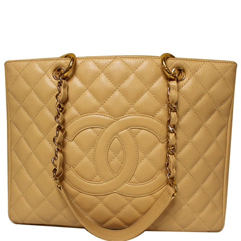 CHANEL Grand Shopping Caviar Leather Tote Shoulder Bag Beige