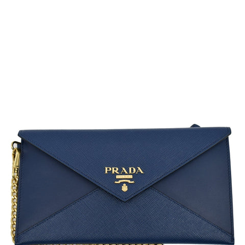 PRADA Envelope Leather Chain Clutch Blue 1MF002