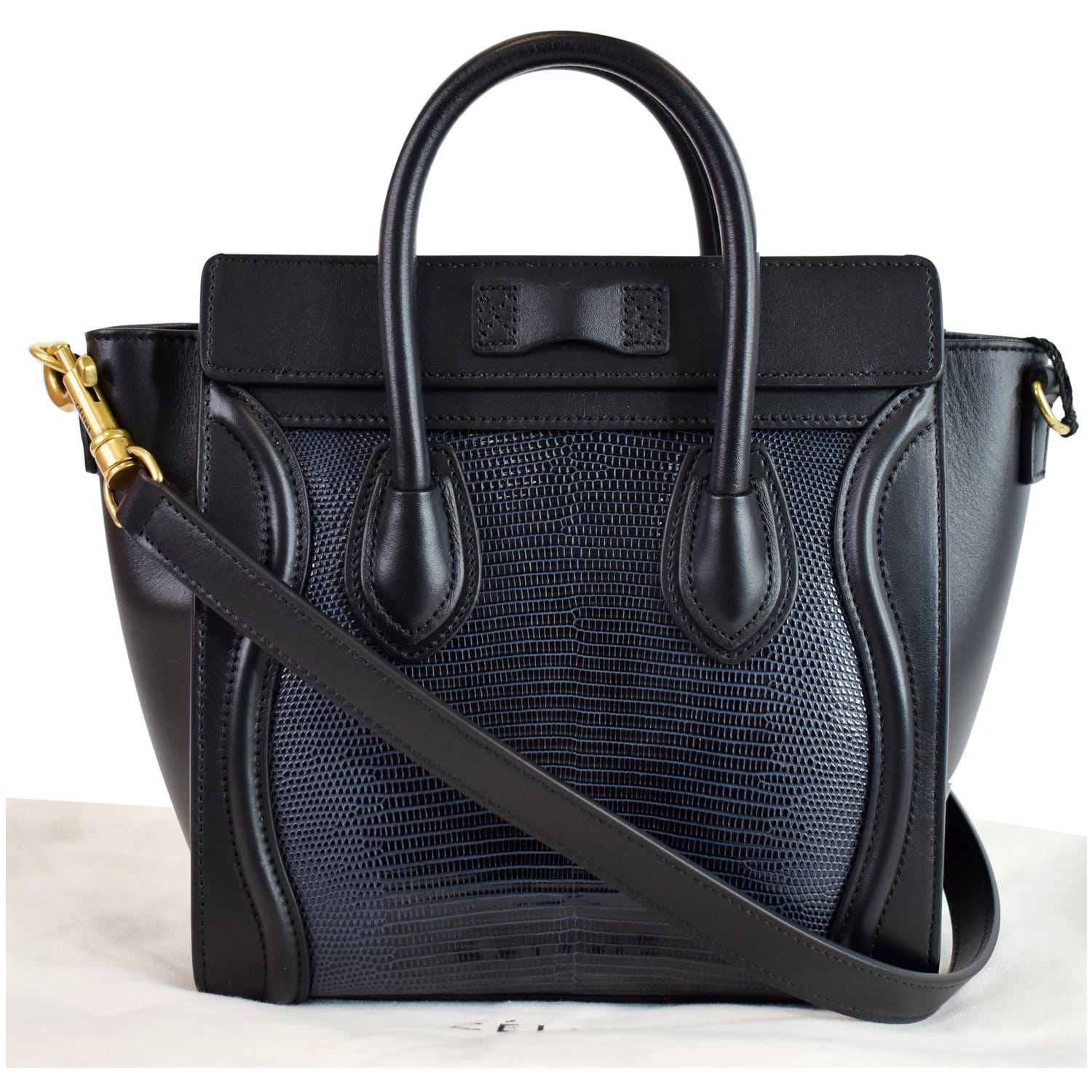 CELINE Micro Luggage Bi-Color Lizard Calfskin Tote Bag Black