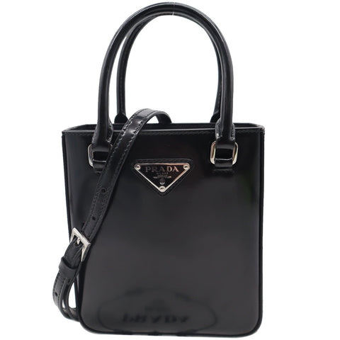PRADA Small Brushed Leather Tote Shoulder Bag Black