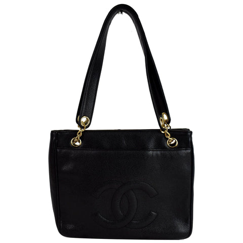 CHANEL Vintage Front Pocket Caviar Leather Tote Bag Black