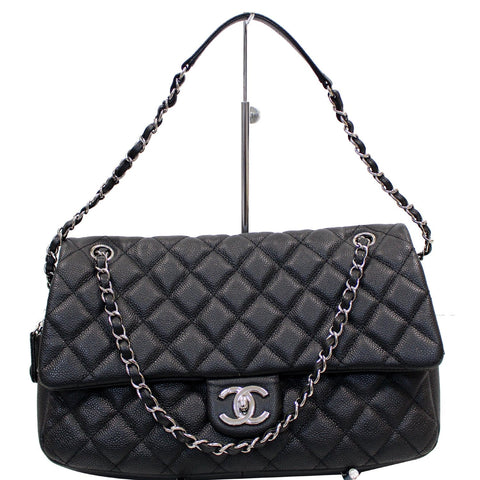 CHANEL Medium Flap Caviar Leather Shoulder Bag Black