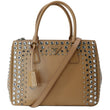 PRADA Women Vernice Crystal Studded Saffiano Leather Top Handle Shoulder Bag Beige