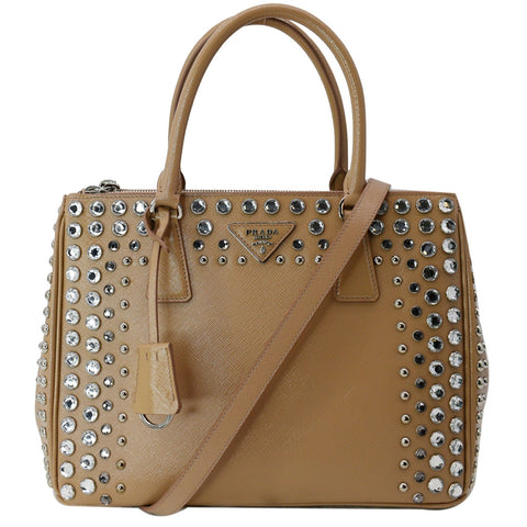 PRADA Women Vernice Crystal Studded Saffiano Leather Top Handle Shoulder Bag Beige