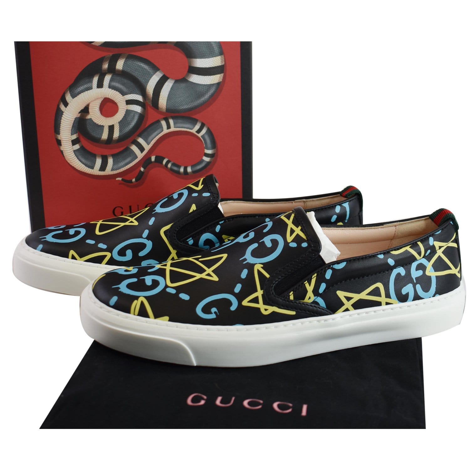 GUCCI Ghost Print Smooth Leather Slip-On Sneakers Black Size 9 - Last