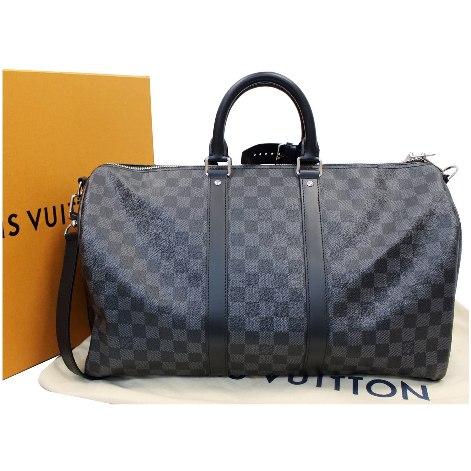LOUIS VUITTON Keepall 45 Damier Graphite Bandouliere Travel Bag Black