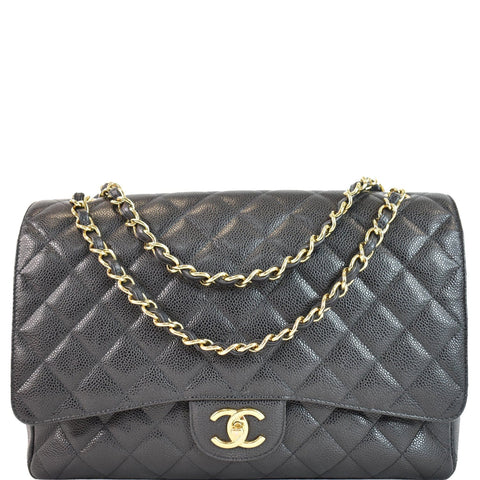 CHANEL Maxi Double Flap Caviar Leather Shoulder Bag Black