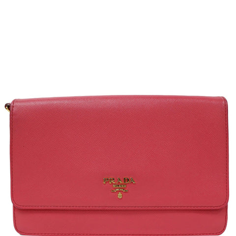 PRADA Saffiano Metal Leather Wallet on Chain Crossbody Bag Pink