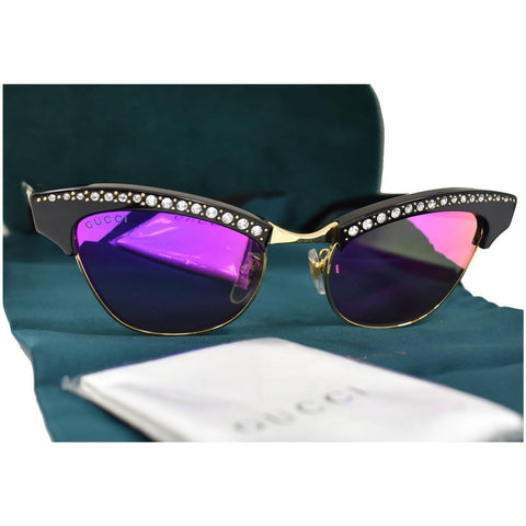 GUCCI GG0153S 001 Black Frame Cat Eye Sunglasses Pink Mirrored Lens