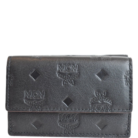 MCM Mini Klara Monogram Leather Tri-Fold Charm Wallet Black