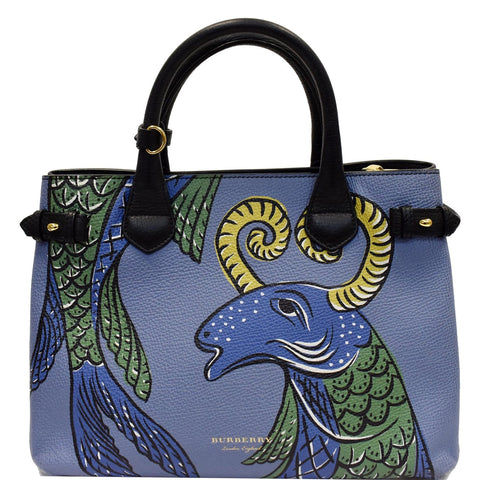 BURBERRY Small Banner Beasts Print Leather Satchel Bag Blue