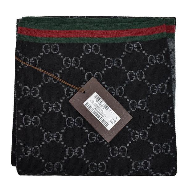 GUCCI Web GG Jacquard Knitted Scarf Wool Silk Grey