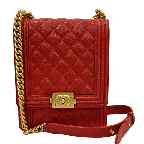 CHANEL North South Boy Quilted Caviar Leather Crossbody Bag Red
