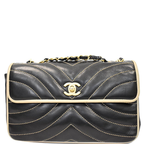 CHANEL Chevron Contrast Quilted Lambskin Flap Shoulder Bag Black