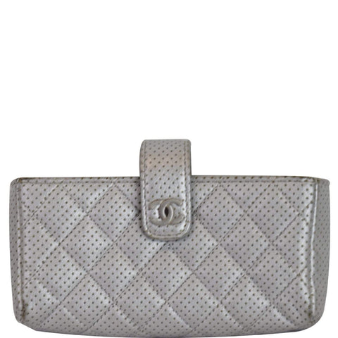 CHANEL Perforated Lambskin Quilted Mini Phone Holder Clutch Silver - Last Call