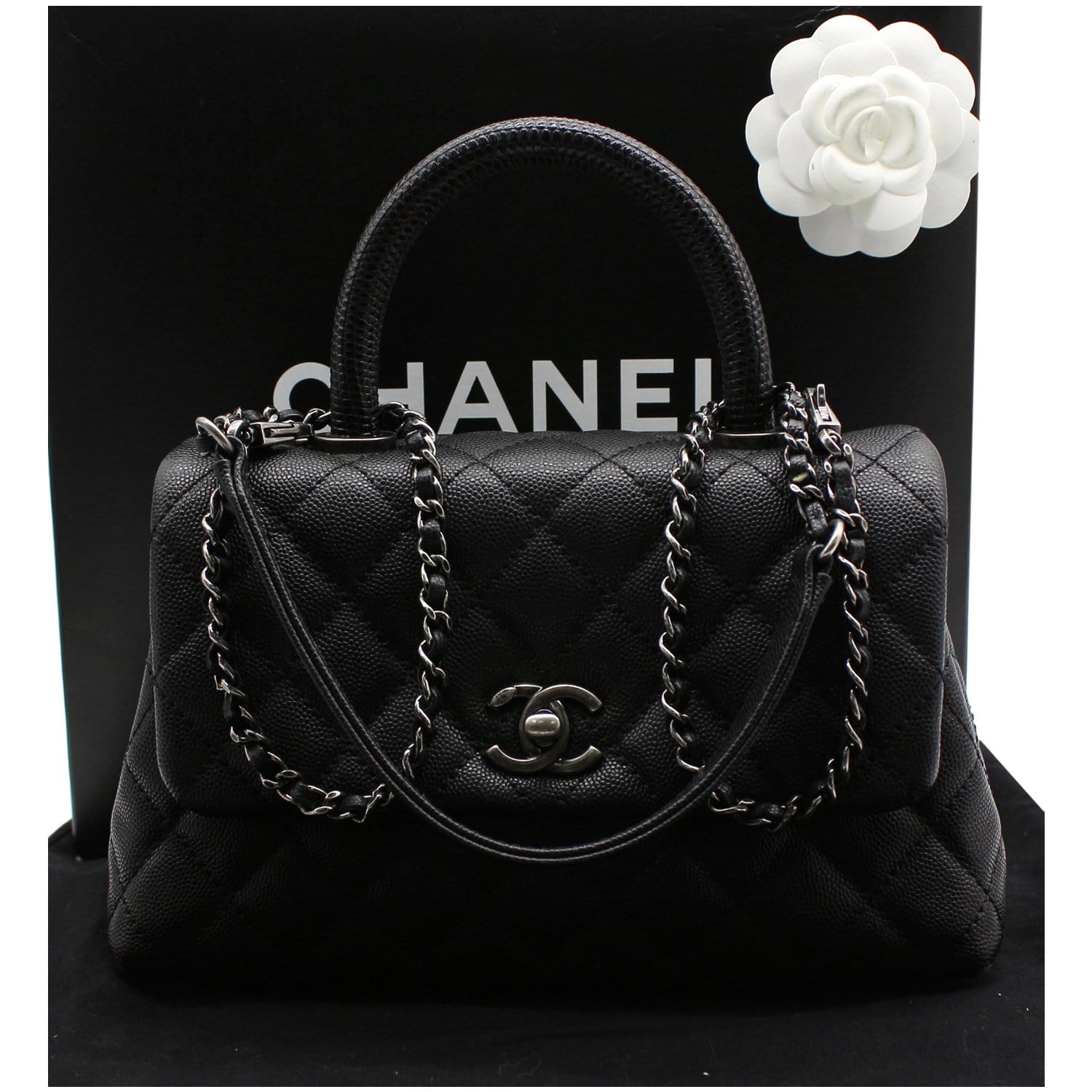 Chanel Coco Mini Top Lizard Handle Caviar Leather Bag