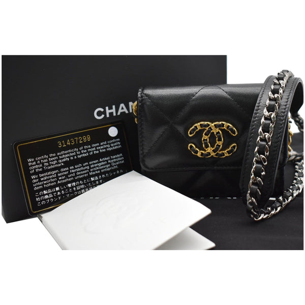 CHANEL 19 Flap Coin Purse Quilted Goatskin Chain Crossbody Bag Black