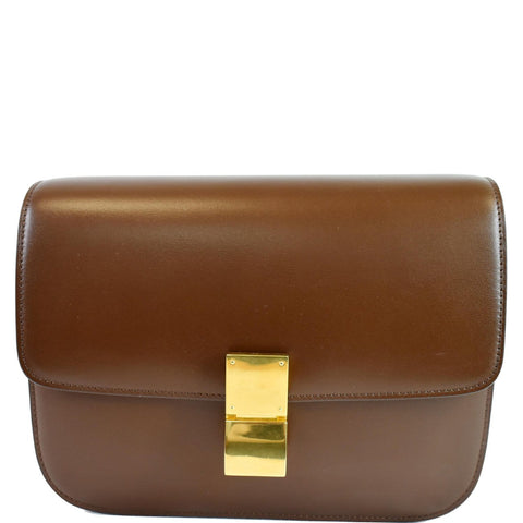 CELINE Medium Classic Box Calfskin Flap Crossbody Bag Brown