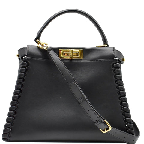 FENDI Peekaboo Medium Whipstitch Leather Satchel Shoulder Bag Black