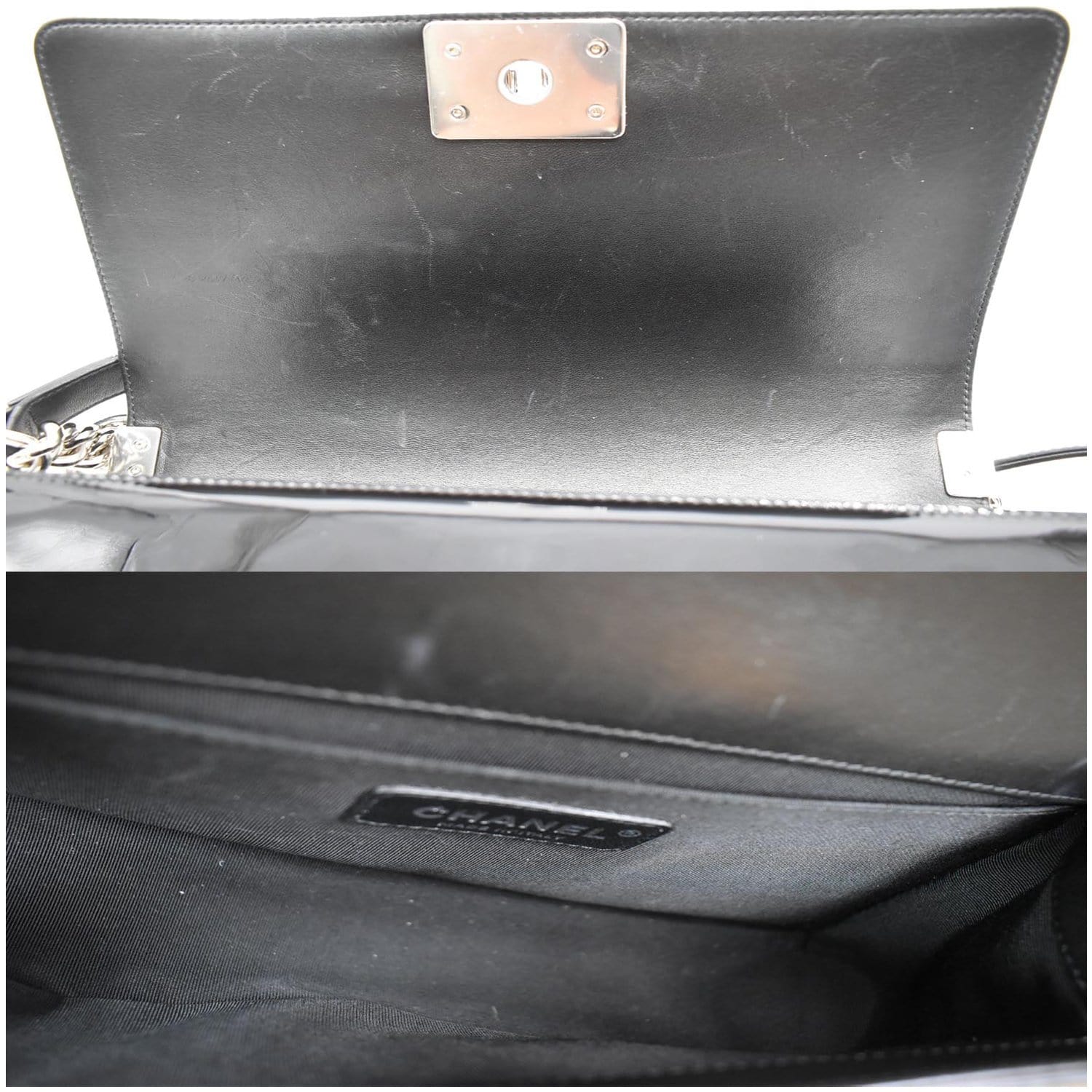 CHANEL Medium Boy Chevron Patent Glitter PVC Shoulder Bag Black