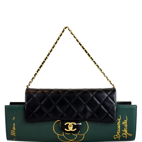 CHANEL Gabrielle Brasserie Menu Flap Calfskin Chain Clutch Bag Black