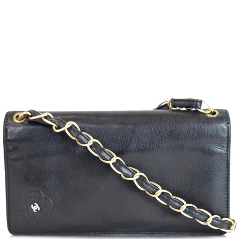 CHANEL Camellia Leather Wallet on Chain Shoulder Bag Black