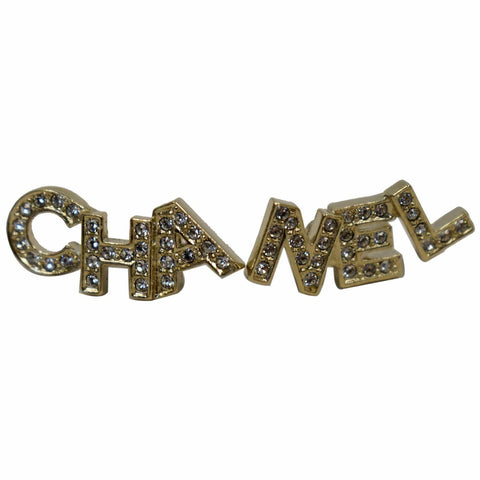 CHANEL 20B CHA NEL Stud Crystal Earrings Gold