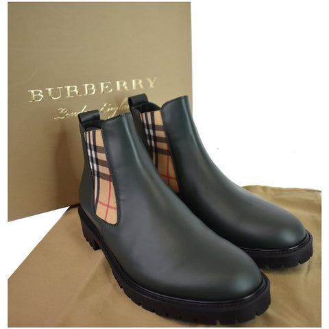 BURBERRY Vintage Check Detail Leather Chelsea Boots Black Size 12