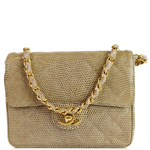 CHANEL Vintage Mini Square Flap Lizard Shoulder Bag Beige/Gold