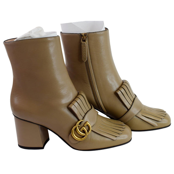 GUCCI GG Marmont Fringed Leather Ankle Boots Taupe 408210 US 8