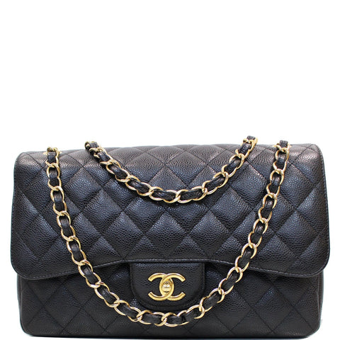 CHANEL Jumbo Double Flap Caviar Leather Shoulder Bag Black