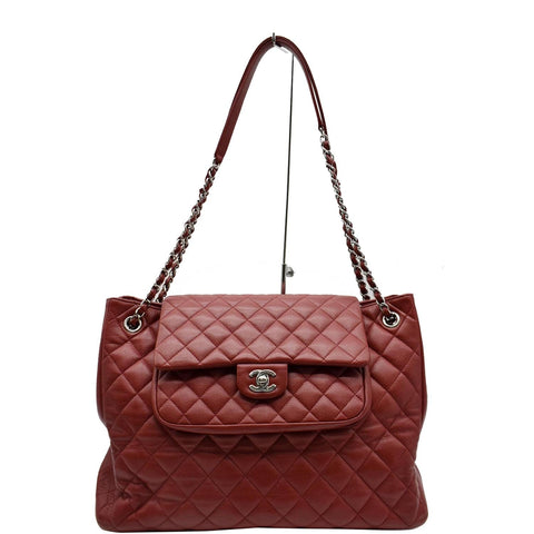 CHANEL Front Flap Pocket Quilted Caviar Leather Tote Shoulder Bag Red- 20% OFF