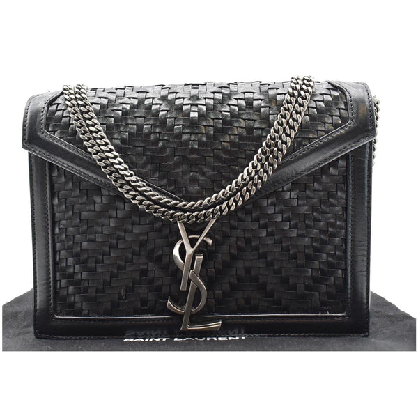 YVES SAINT LAURENT Cassandra Medium Woven Leather Chain Shoulder Bag Black