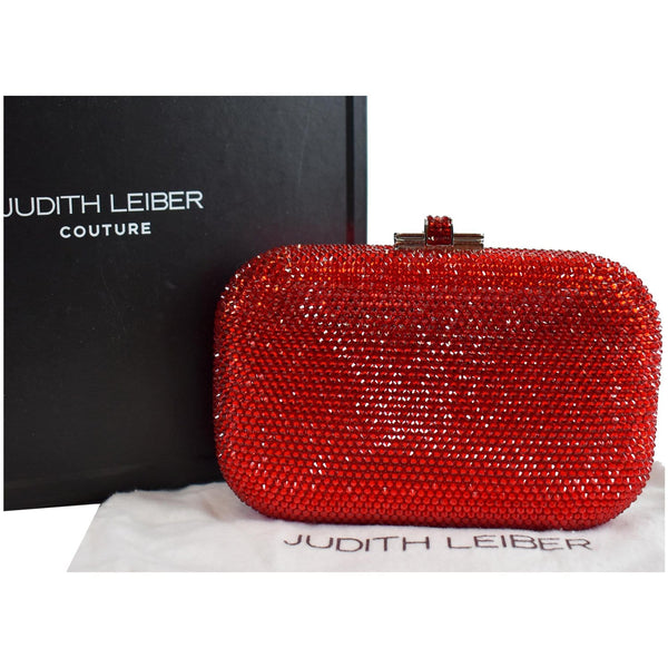 Judith Leiber Slide Lock Crystal Leather Clutch Bag Red