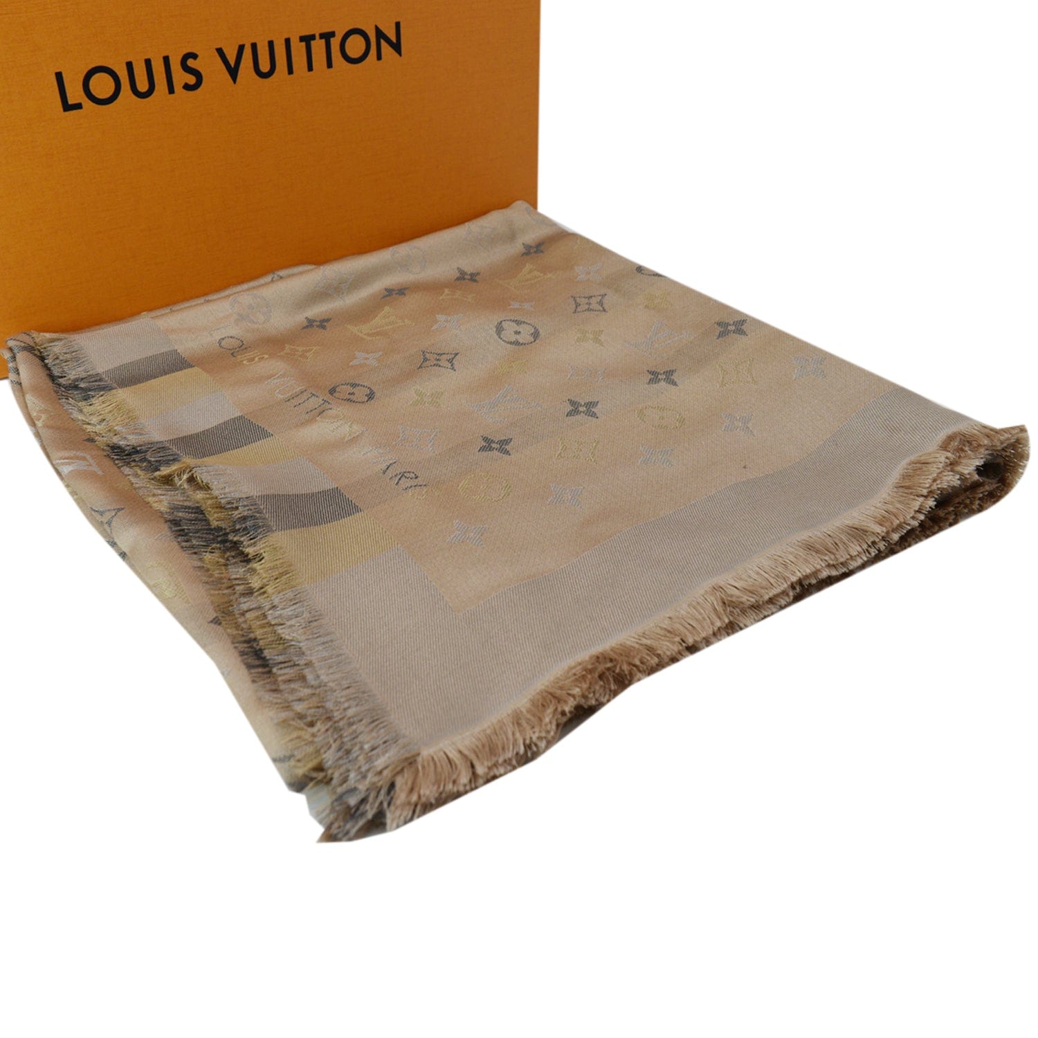LOUIS VUITTON Silk Monogram Scarf/Shawl Beige