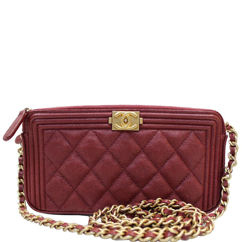 CHANEL Small Boy Caviar Quilted Clutch With Chain Shoulder Bag Red