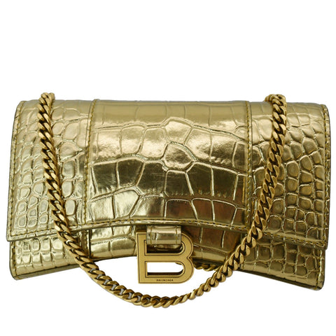 BALENCIAGA Hourglass Metallized Crocodile Embossed Wallet on Chain Crossbody Bag Gold