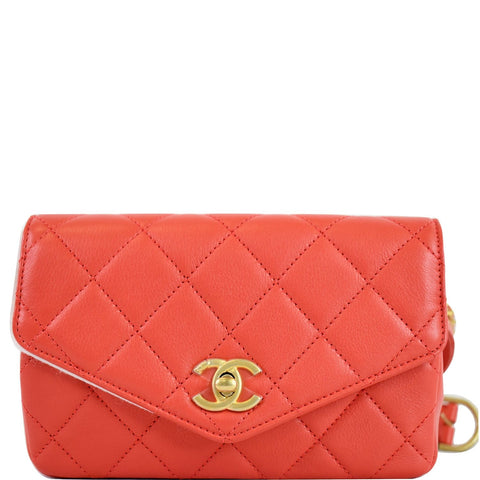 CHANEL Quilted Flap Calfskin Leather Chain Belt Waist Bag Red