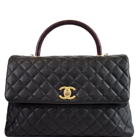 CHANEL Medium Coco Quilted Caviar Lizard Handle Shoulder Bag Black